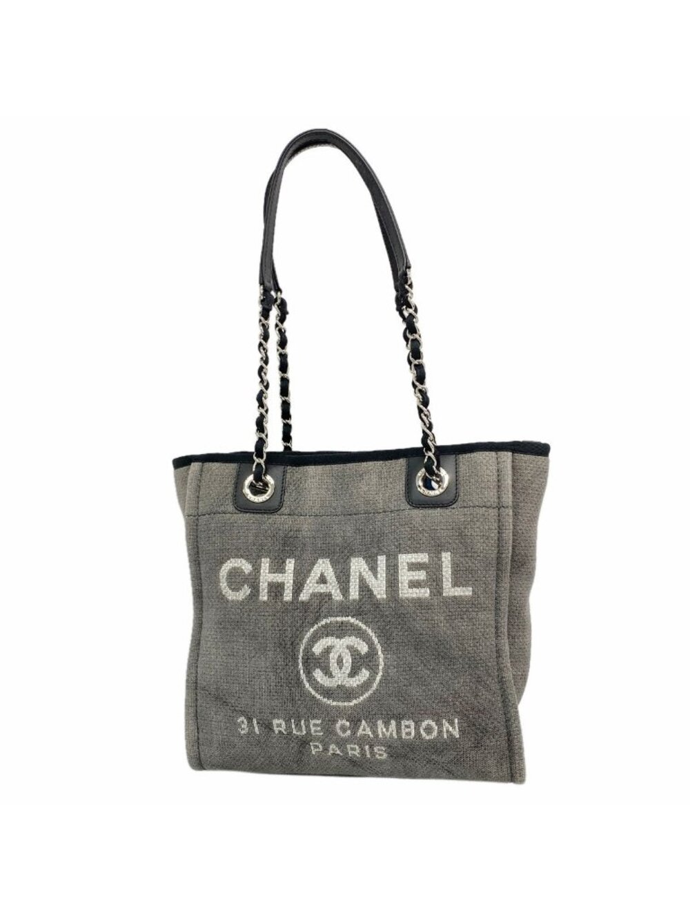 Chanel Chain Tote Deauville Canvas Gray Silver